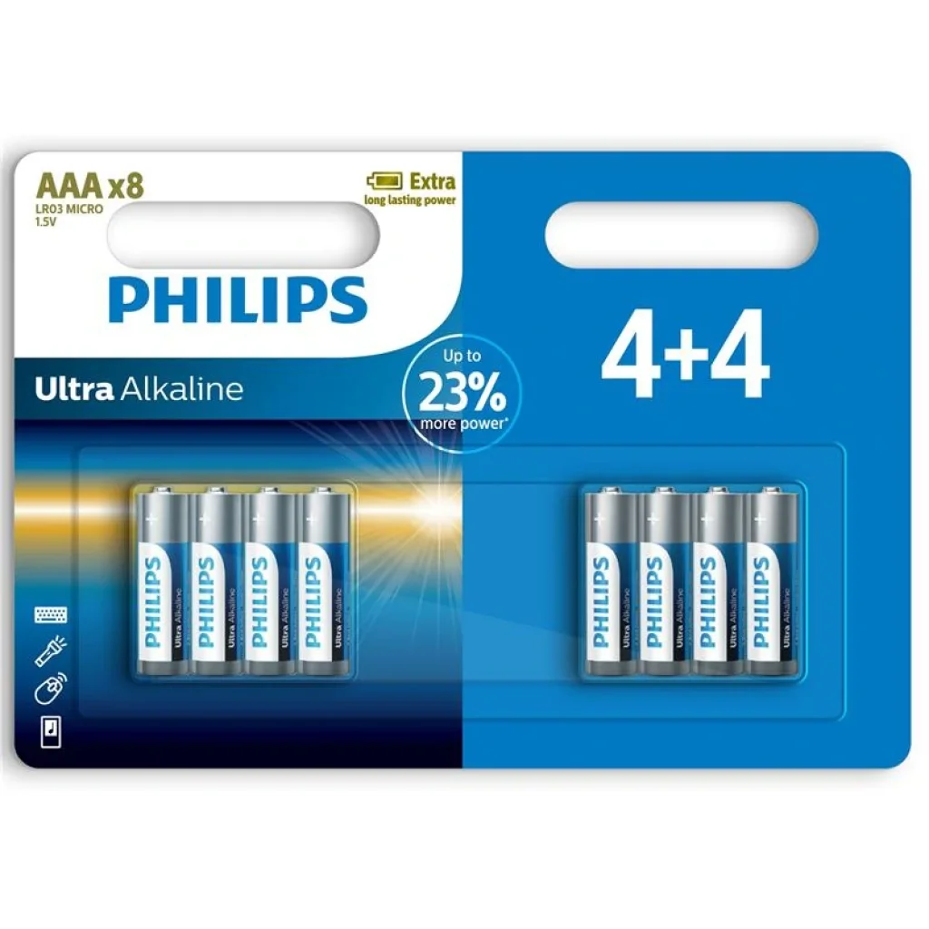 Батарейка Philips Ultra Alkaline щелочная AAA блистер, 8 шт, LR03E8B/10 UA